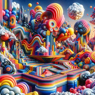 The primary subject of the image is a vibrant and colorful painting featuring a variety of shapes, patterns, and designs. The setting is a surreal landscape with a mix of buildings, clouds, and other elements. The visual style is a combination of digital art and illustration, creating a unique and eye-catching piece. The colors and mood of the painting are lively and energetic, with a strong focus on the use of bright and bold hues.